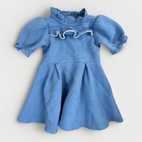 Janie And Jack Blue Textured Fabric Ruffled Collar Puff Sleeves A Line Dress 3 - Picture 1 of 11